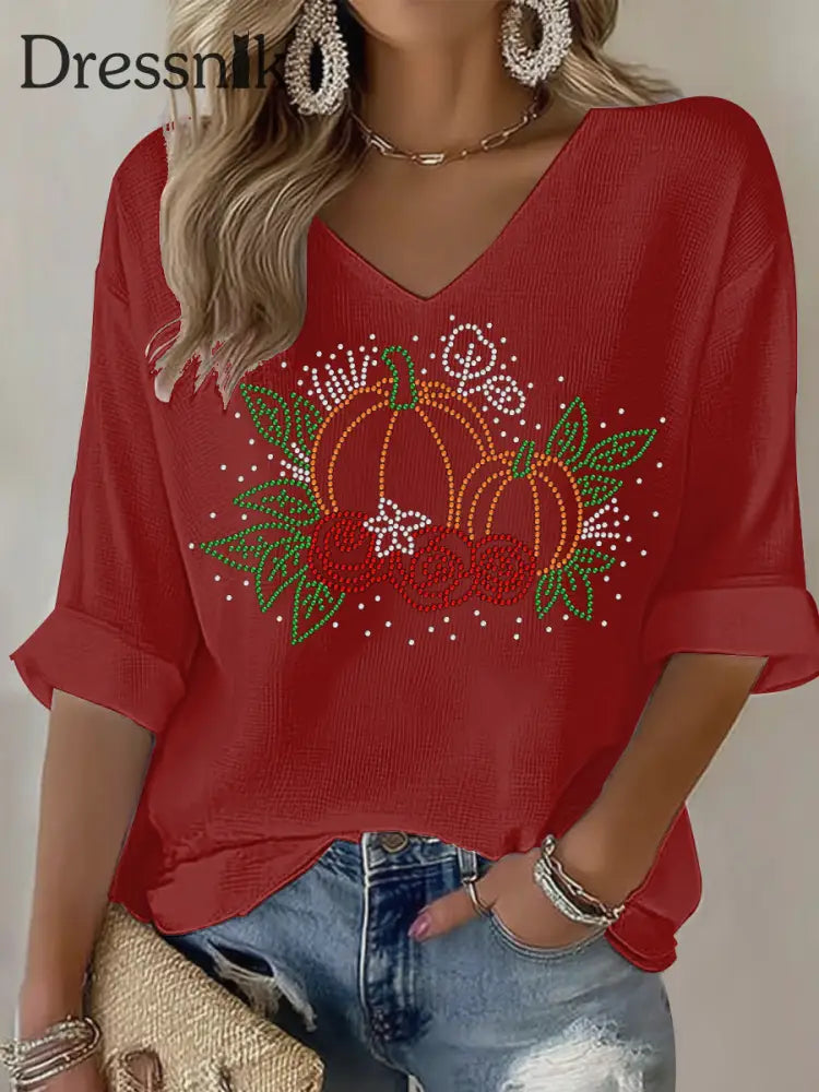 Frauen Thanksgiving Print Casual T-Shirt Rot / S