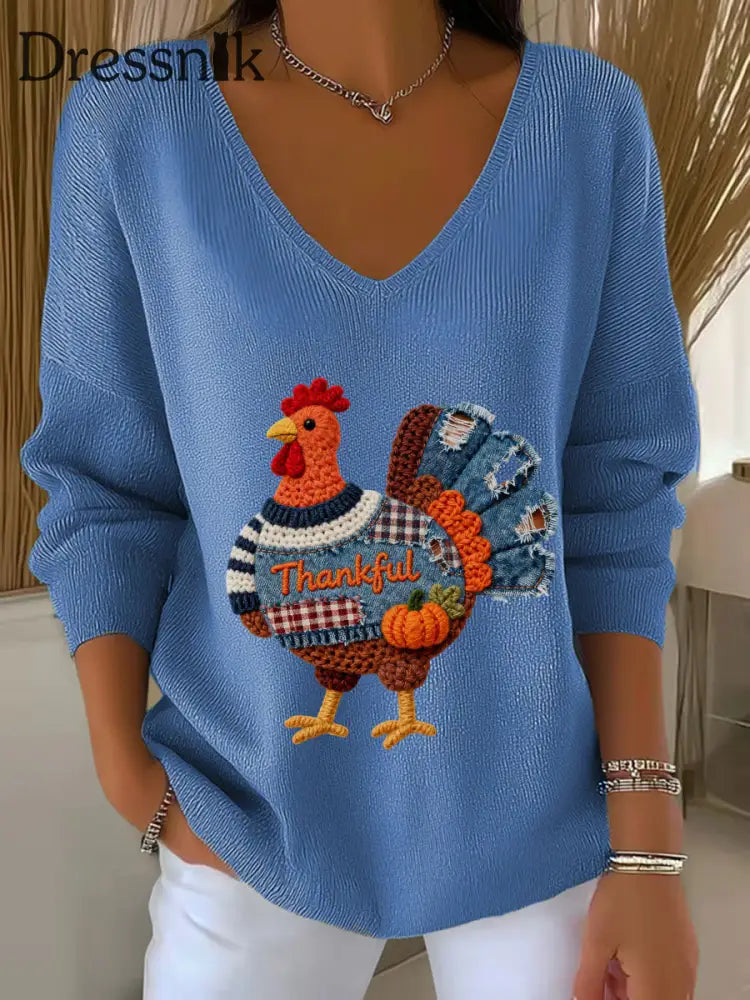 Frauen Thanksgiving Truthahn Langarm T-Shirt mit V-Ausschnitt Blau / S