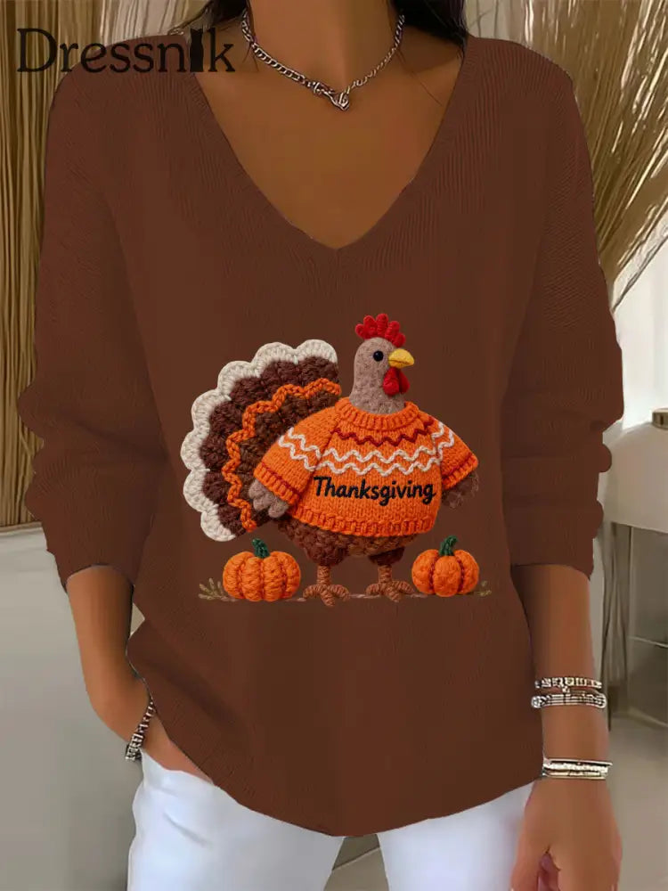 Frauen Thanksgiving Truthahn Langarm T-Shirt mit V-Ausschnitt Braun / S