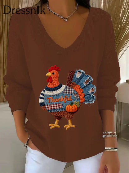 Frauen Thanksgiving Truthahn Langarm T-Shirt mit V-Ausschnitt Braun / S