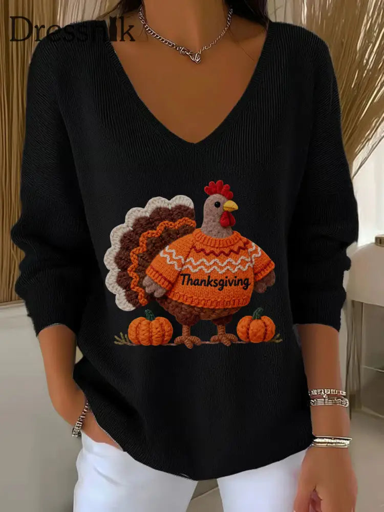 Frauen Thanksgiving Truthahn Langarm T-Shirt mit V-Ausschnitt Schwarz / S