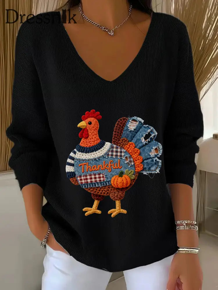 Frauen Thanksgiving Truthahn Langarm T-Shirt mit V-Ausschnitt Schwarz / S