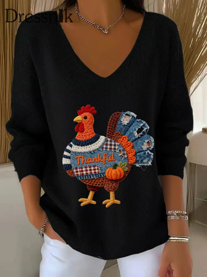 Frauen Thanksgiving Truthahn Langarm T-Shirt mit V-Ausschnitt Schwarz / S