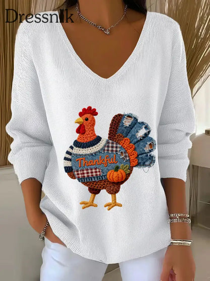 Frauen Thanksgiving Truthahn Langarm T-Shirt mit V-Ausschnitt Weiß / S