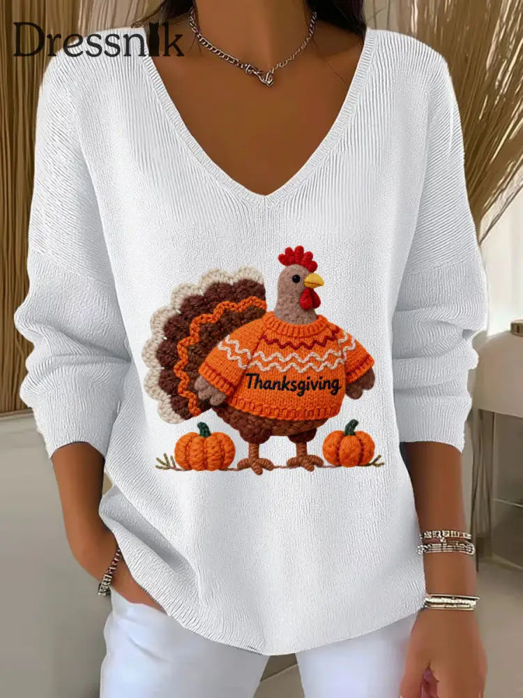 Frauen Thanksgiving Truthahn Langarm T-Shirt mit V-Ausschnitt Weiß / S