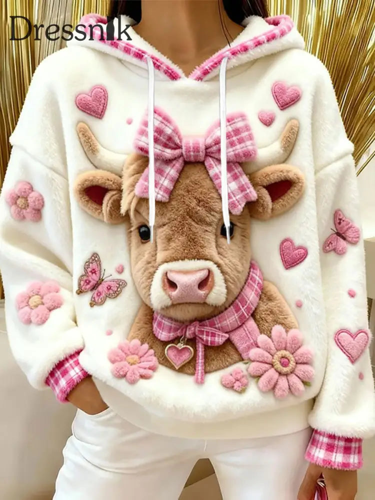 Frauen Tier Highland Kuh Art Print Flanell Hoodie Weiß / S