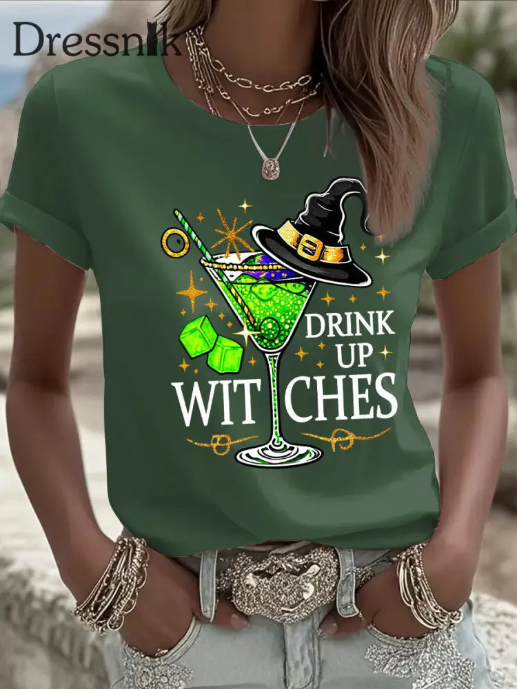 Frauen trinken Hexen drucken lässiges T-Shirt Dunkelgrün / S