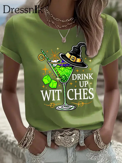 Frauen trinken Hexen drucken lässiges T-Shirt Grün / S