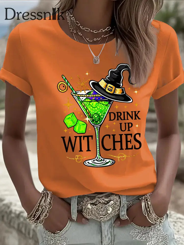 Frauen trinken Hexen drucken lässiges T-Shirt Orange / S