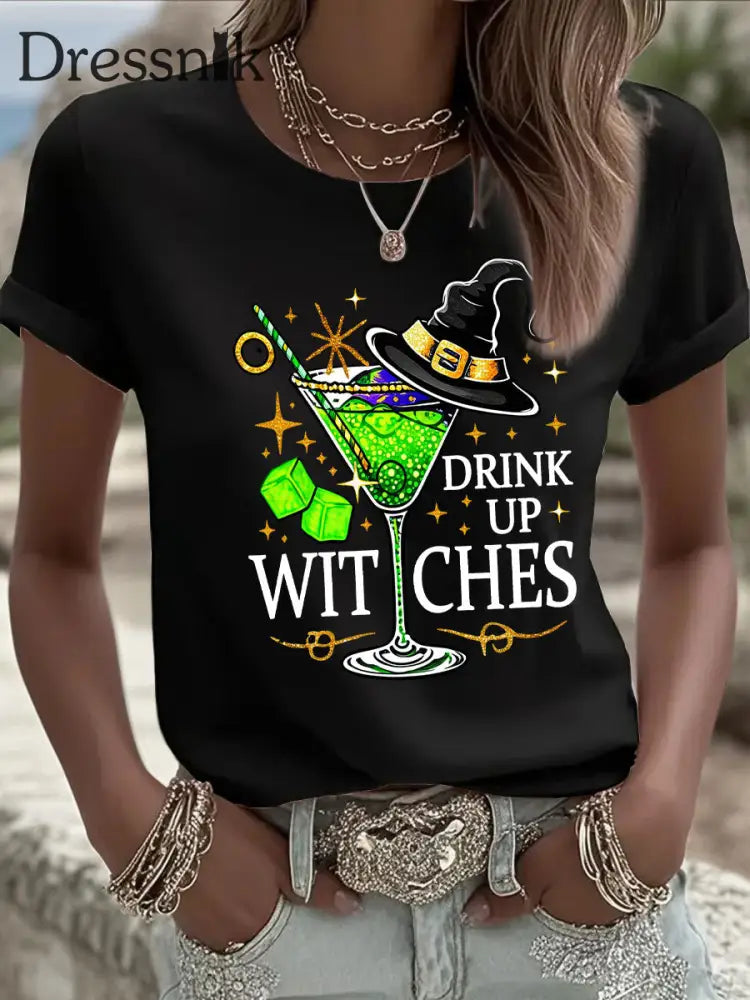 Frauen trinken Hexen drucken lässiges T-Shirt Schwarz / S