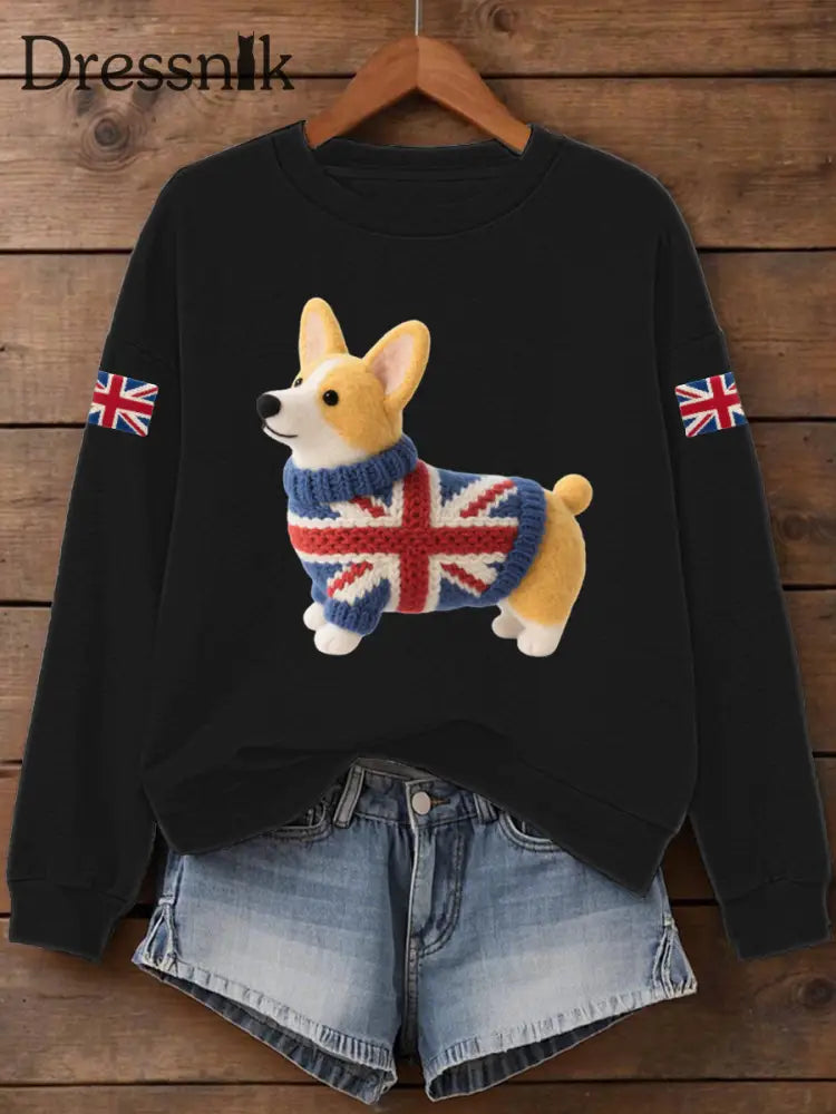 Frauen UK Flagge Corgi Print Sweatshirt Schwarz / S
