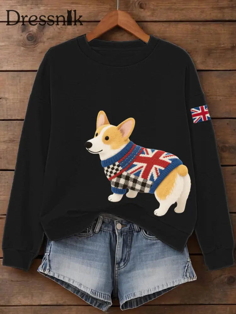 Frauen UK Flagge Corgi Print Sweatshirt Schwarz / S