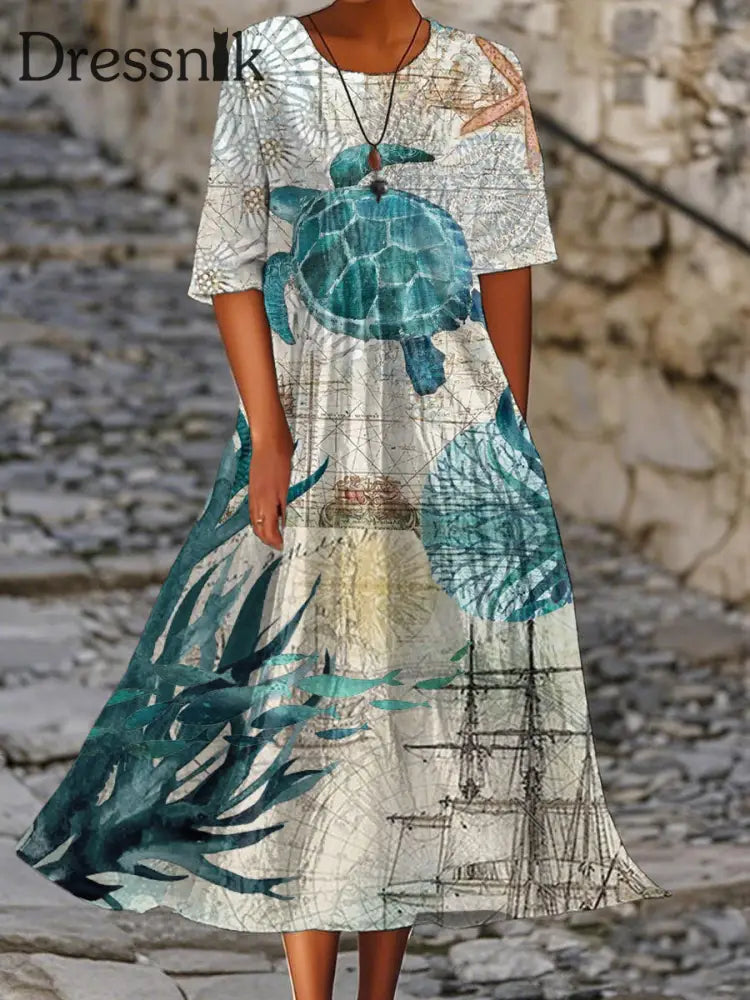Frauen Urlaub Meer Schildkröte Bedrucktes Kleid