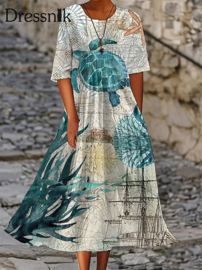 Frauen Urlaub Meer Schildkröte Bedrucktes Kleid