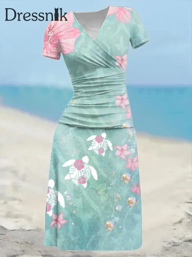 Frauen Urlaub Meer Schildkröte Bedrucktes Kleid Blau-Grün / S