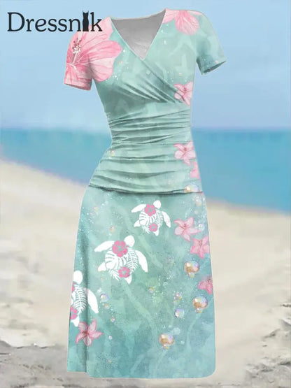 Frauen Urlaub Meer Schildkröte Bedrucktes Kleid Blau-Grün / S