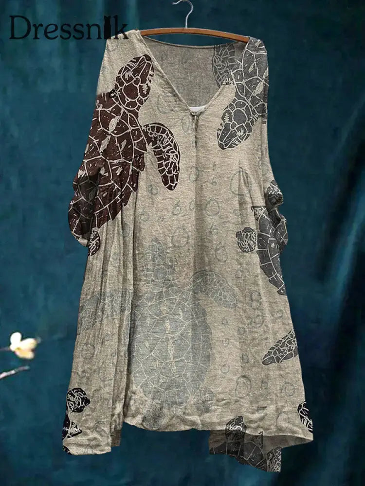 Frauen Urlaub Meer Schildkröte Bedrucktes Kleid Licht Khaki / S