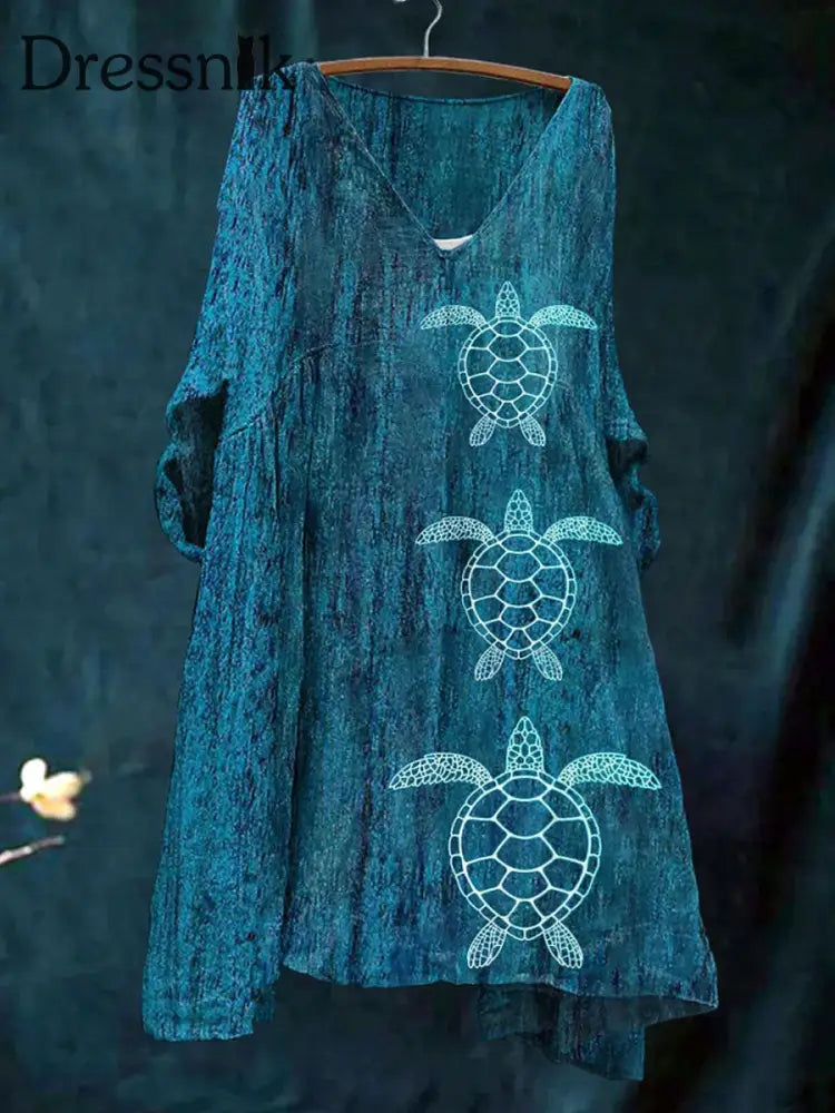 Frauen Urlaub Meer Schildkröte Bedrucktes Kleid Marineblau / S