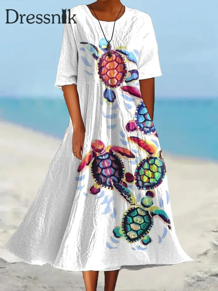 Frauen Urlaub Meer Schildkröte Bedrucktes Kleid Weiß / S