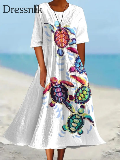 Frauen Urlaub Meer Schildkröte Bedrucktes Kleid Weiß / S