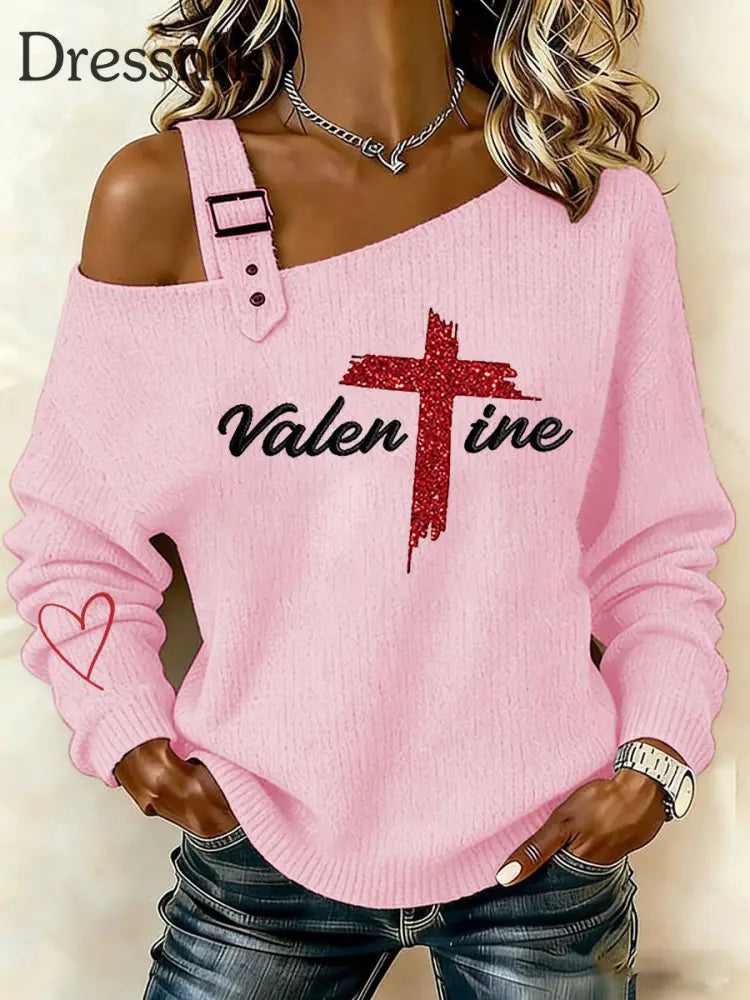 Frauen Valentinstag Faith Cross Casual Off-Shoulder Top Rosa / S