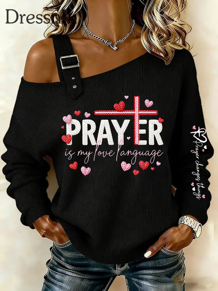 Frauen Valentinstag Faith Cross Casual Off-Shoulder Top Schwarz / S