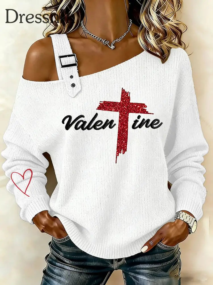 Frauen Valentinstag Faith Cross Casual Off-Shoulder Top Weiß / S