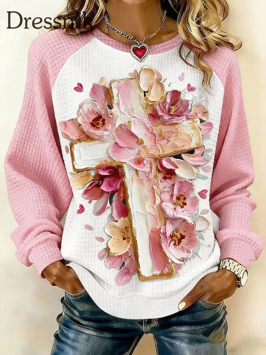 Frauen Valentinstag Faith Cross Floral Art Print Waffel Sweatshirt Hellrosa / S