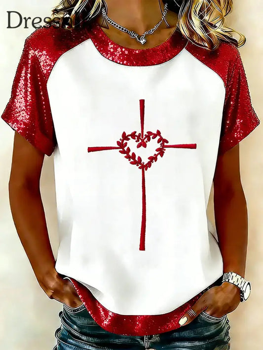 Frauen Valentinstag Glauben Kreuz Liebe Herz Print Kurzarm T-Shirt Rot / S