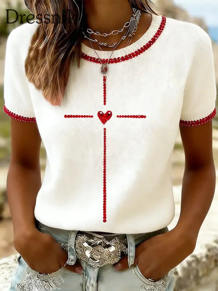 Frauen Valentinstag Glauben Kreuz Liebe Herz Print Kurzarm T-Shirt Weiß / S