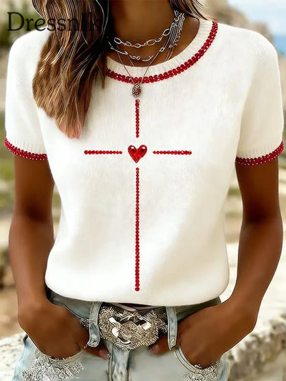 Frauen Valentinstag Glauben Kreuz Liebe Herz Print Kurzarm T-Shirt Weiß / S