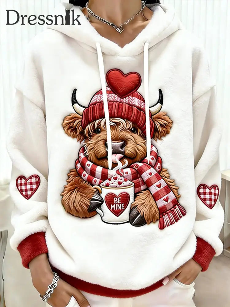 Frauen Valentinstag Highland Kuh Print Flanell Hoodie Weiß / S