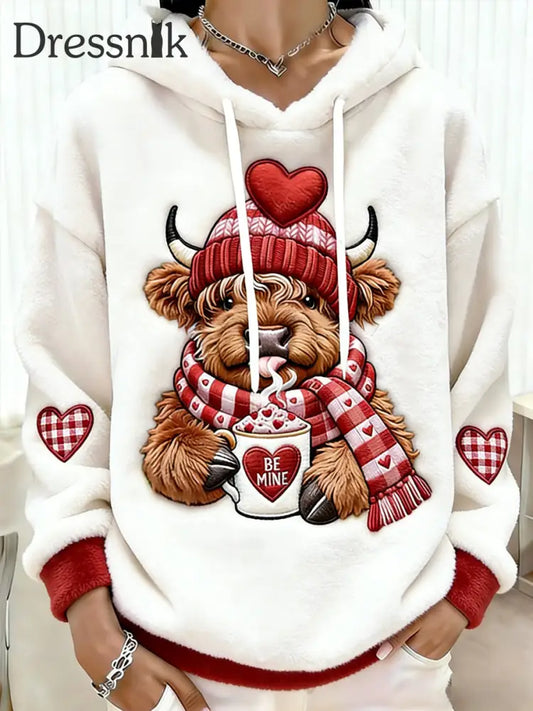 Frauen Valentinstag Highland Kuh Print Flanell Hoodie Weiß / S
