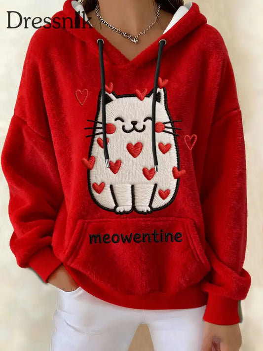 Frauen Valentinstag Katze Meowentine Flanell Hoodies Rot / S