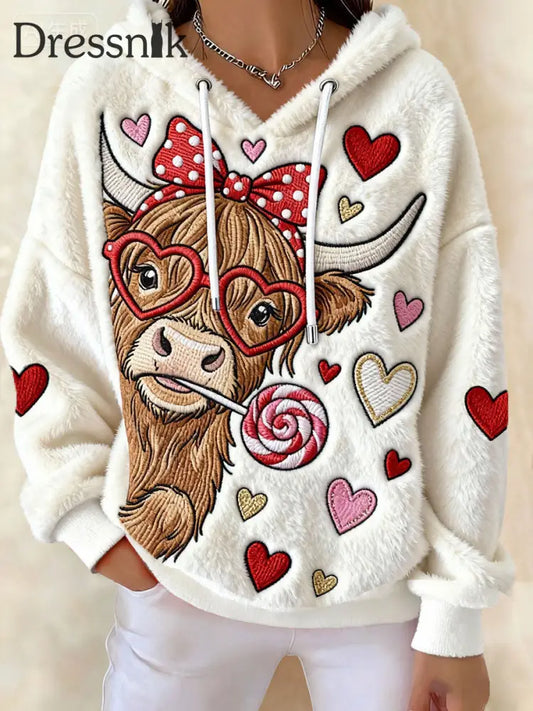 Frauen Valentinstag Kuh Fleece Kapuzen pullover Beige / S