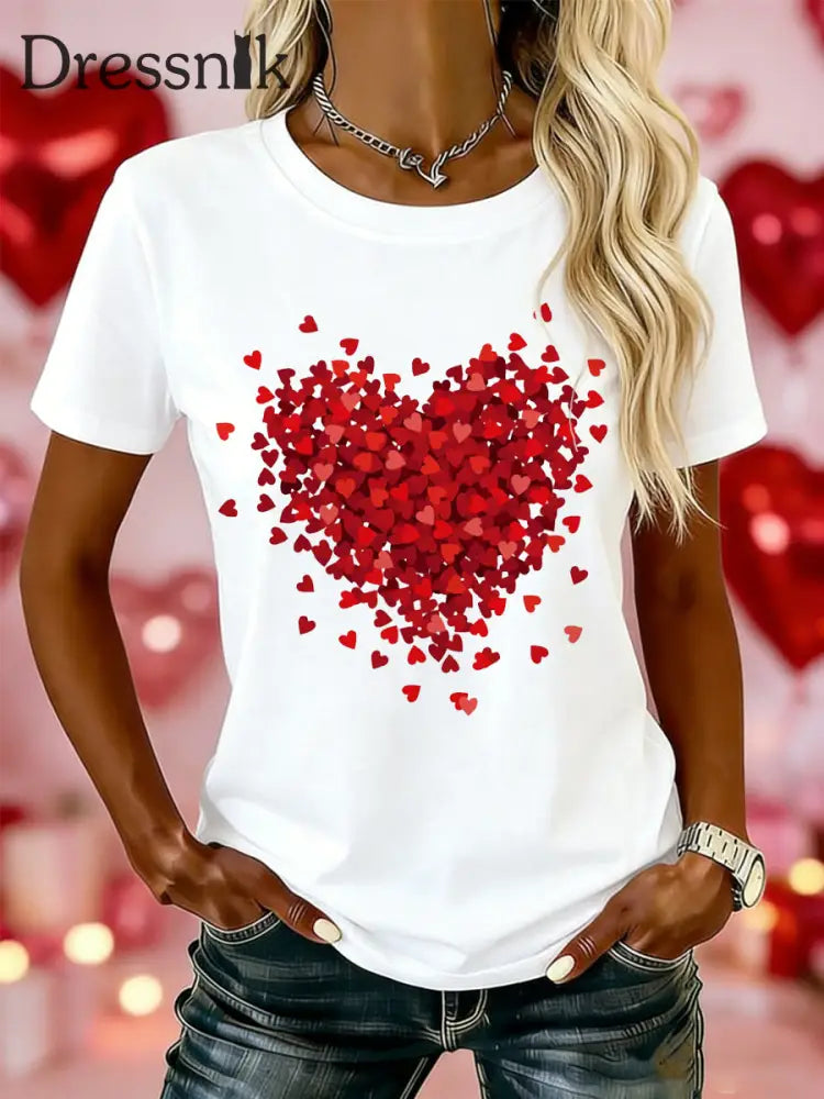 Frauen Valentinstag Liebe Herz Print Casual T-Shirt Weiß / S