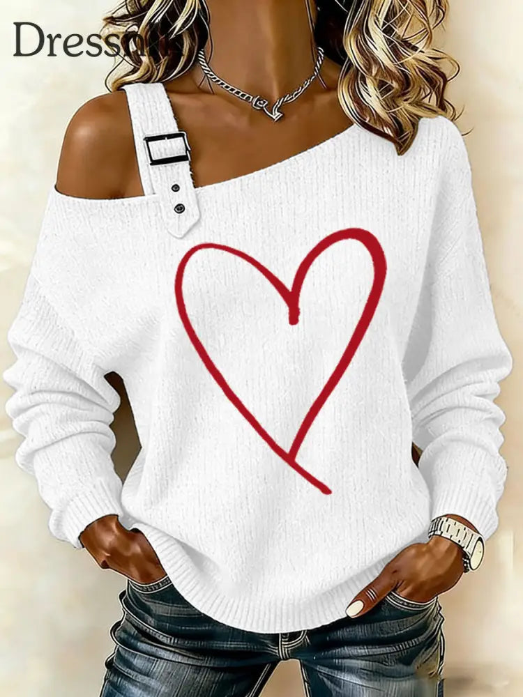 Frauen Valentinstag Love Heart Print lässig schulter freies Top Weiß / S