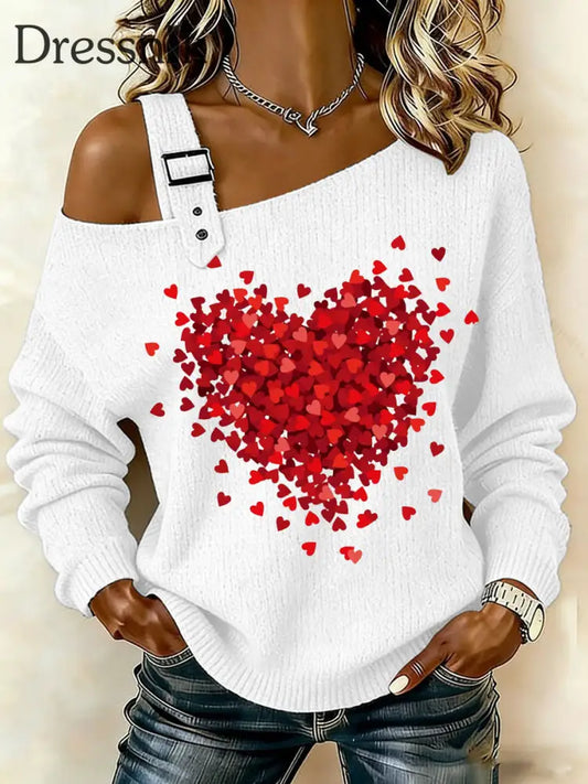 Frauen Valentinstag Love Heart Print lässig schulter freies Top Weiß / S