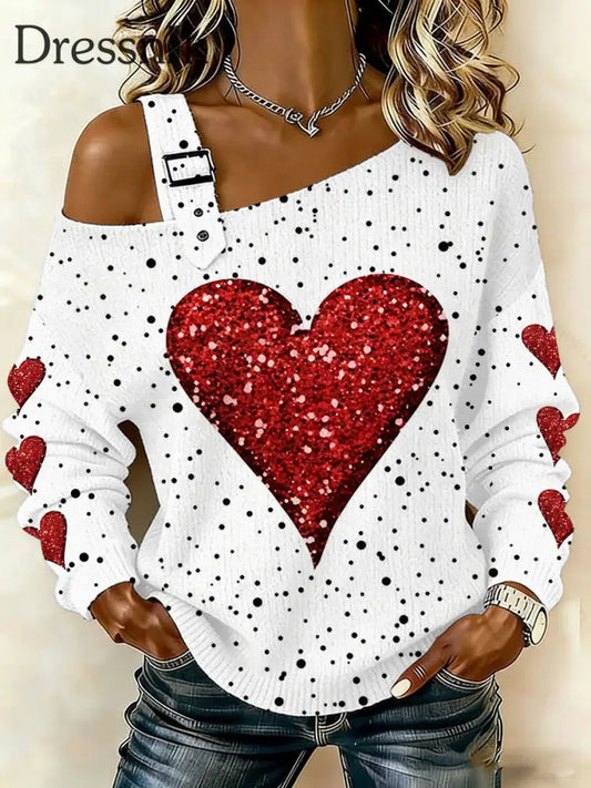 Frauen Valentinstag Love Heart Print lässig schulter freies Top Weiß / S