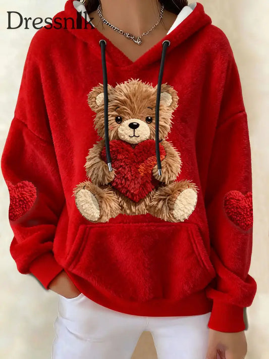 Frauen Valentinstag Teddybär Fleece Kapuzen pullover Rot / S