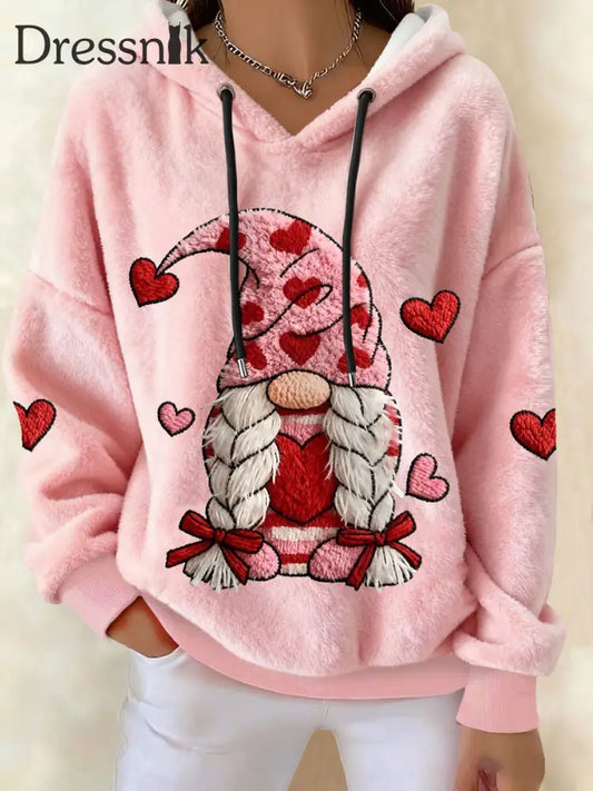 Frauen Valentinstag Zwerg Flanell Hoodies Rosa / S