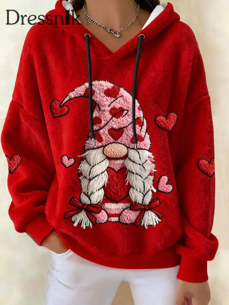 Frauen Valentinstag Zwerg Flanell Hoodies Rot / S