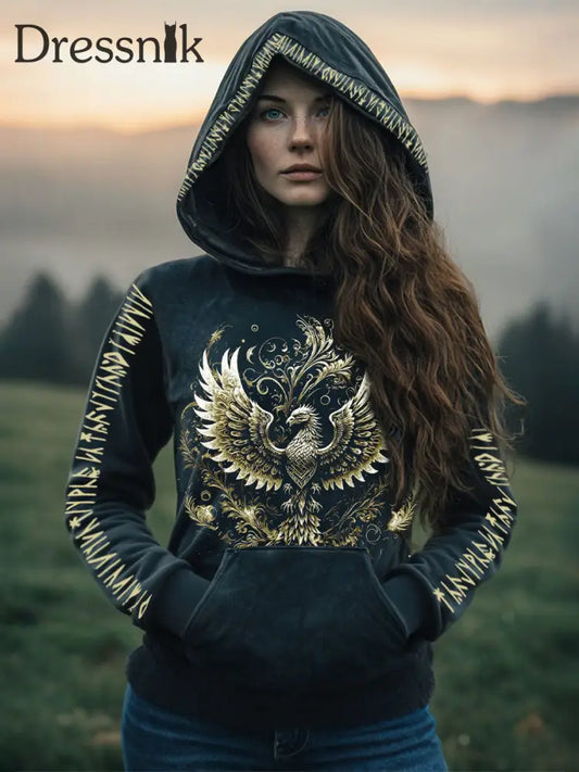 Frauen Viking Celtic Knoten Phönix Totem Hoodie Dunkelgrün / S