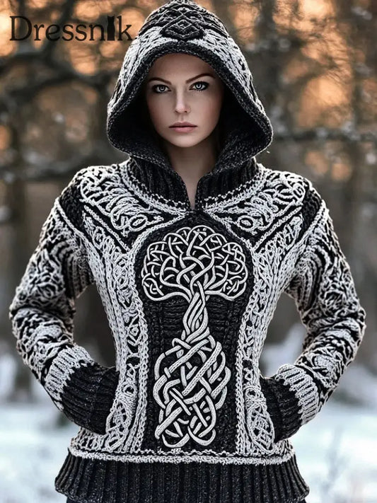 Frauen Viking Viking Celtic Knoten Print Langarm Kapuzen pullover Schwarz / S