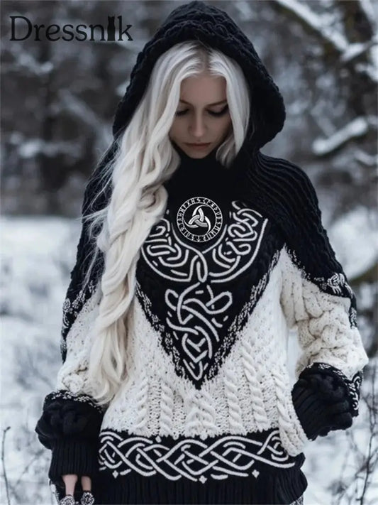 Frauen Viking Viking Celtic Knoten Print Langarm Kapuzen pullover Schwarz / S