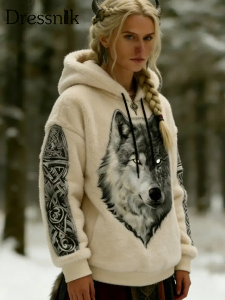 Frauen Viking Celtic Wolf Muster Kunst Casual Flanell Hoodie Aprikose / S