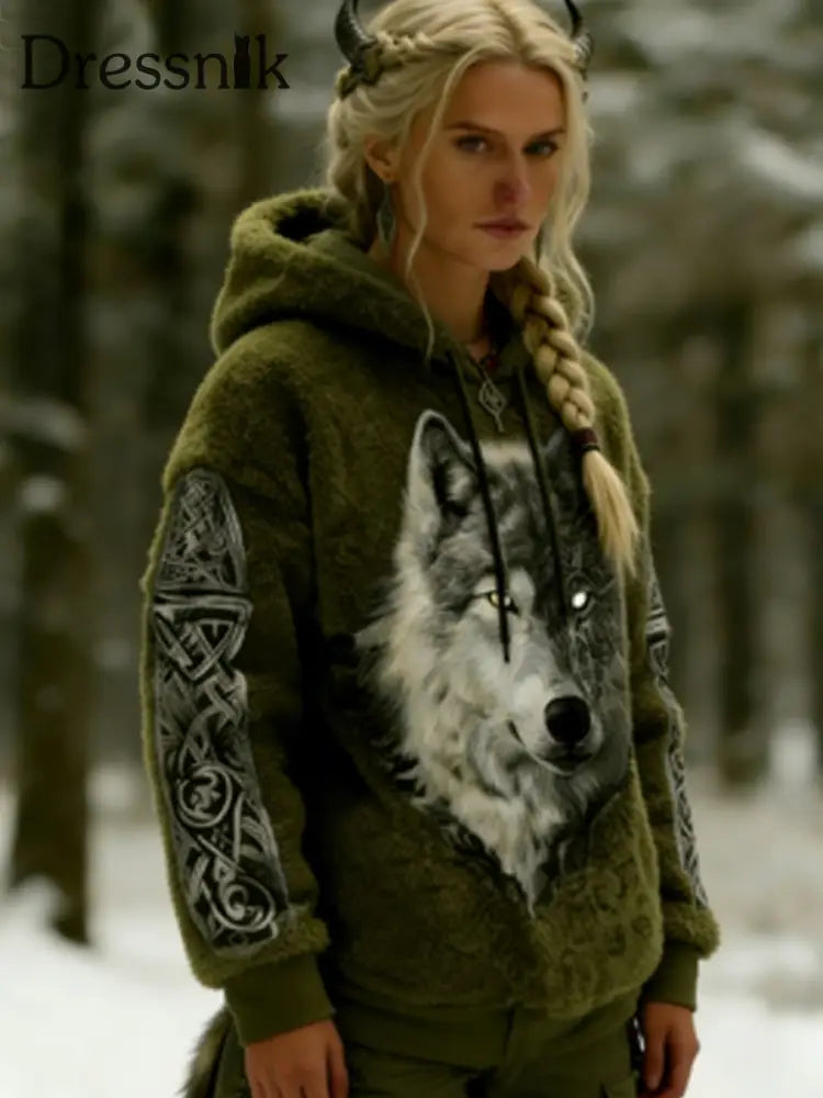 Frauen Viking Celtic Wolf Muster Kunst Casual Flanell Hoodie Armee grün / S
