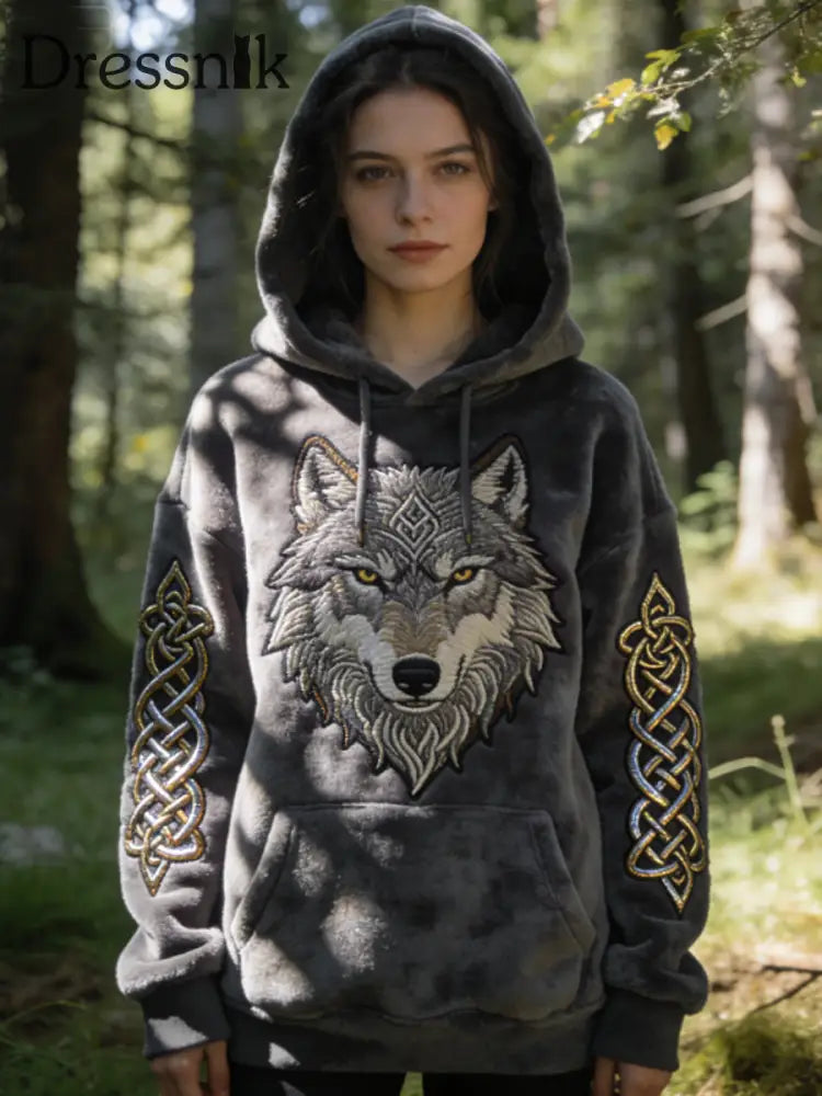 Frauen Viking Celtic Wolf Muster Kunst Casual Flanell Hoodie Dunkelgrau / S