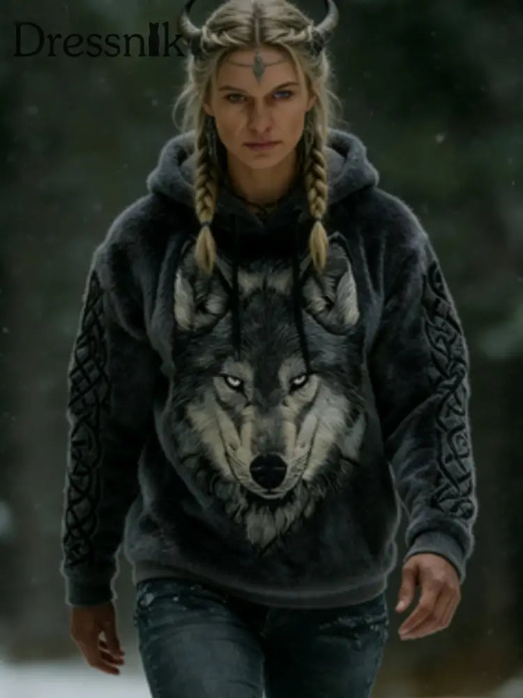 Frauen Viking Celtic Wolf Muster Kunst Casual Flanell Hoodie Dunkelgrau / S