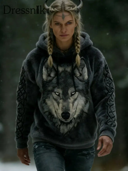 Frauen Viking Celtic Wolf Muster Kunst Casual Flanell Hoodie Dunkelgrau / S
